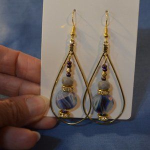 Gold Teardrop Earrings with Purple Swirl Beads
